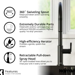 Karran Lagrange 1.8 GPM Single Lever Handle Lead-free Brass ADA Kitchen Faucet, Pull-Down Kitchen, Matte Black, KKF350MB