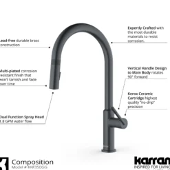 Karran Lagrange 1.8 GPM Single Lever Handle Lead-free Brass ADA Kitchen Faucet, Pull-Down Kitchen, Gunmetal Grey, KKF350GG