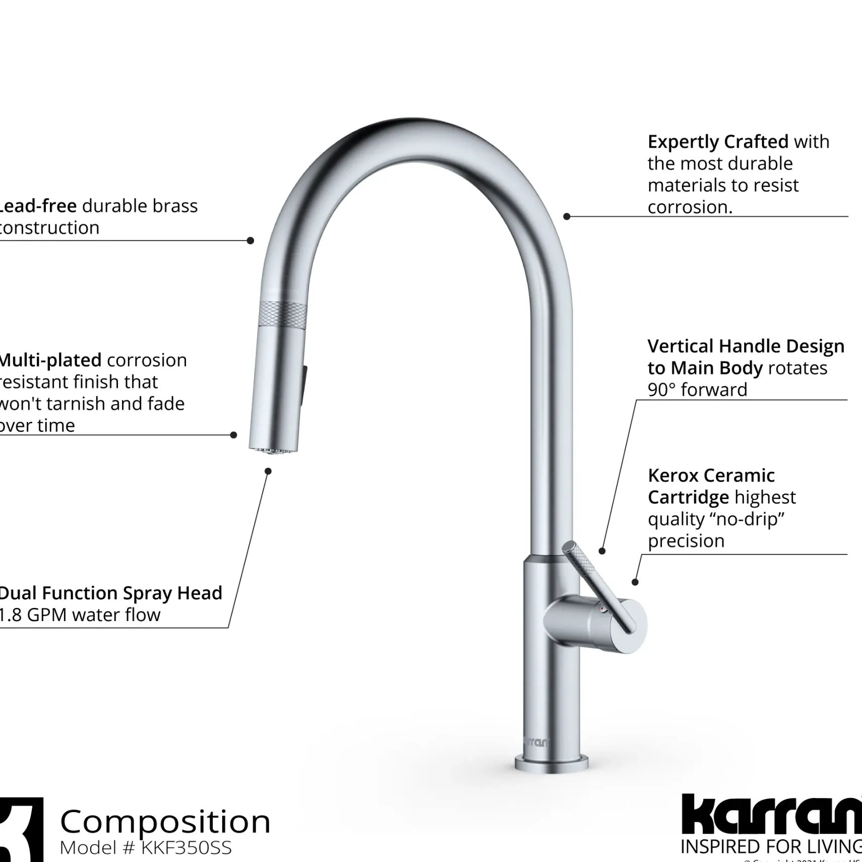 Karran Lagrange 1.8 GPM Single Lever Handle Lead-free Brass ADA Kitchen Faucet, Pull-Down Kitchen, Stainless Steel, KKF350SS