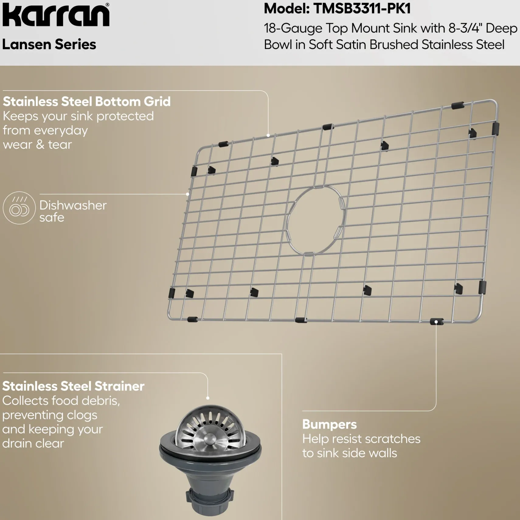 Karran Lansen 33" Drop In Stainless Steel Kitchen Sink, 18 Gauge, TMSB3311-PK1