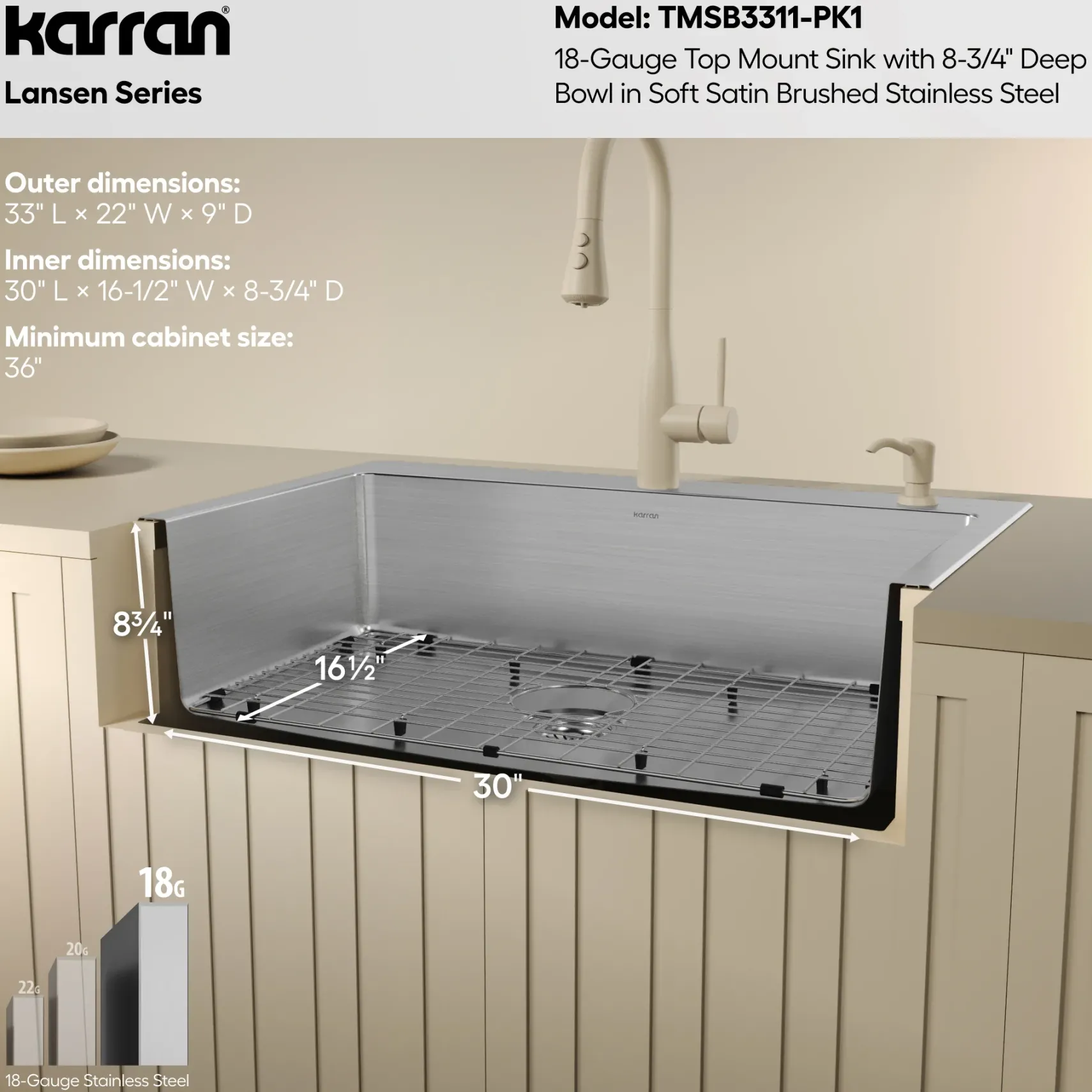 Karran Lansen 33" Drop In Stainless Steel Kitchen Sink, 18 Gauge, TMSB3311-PK1