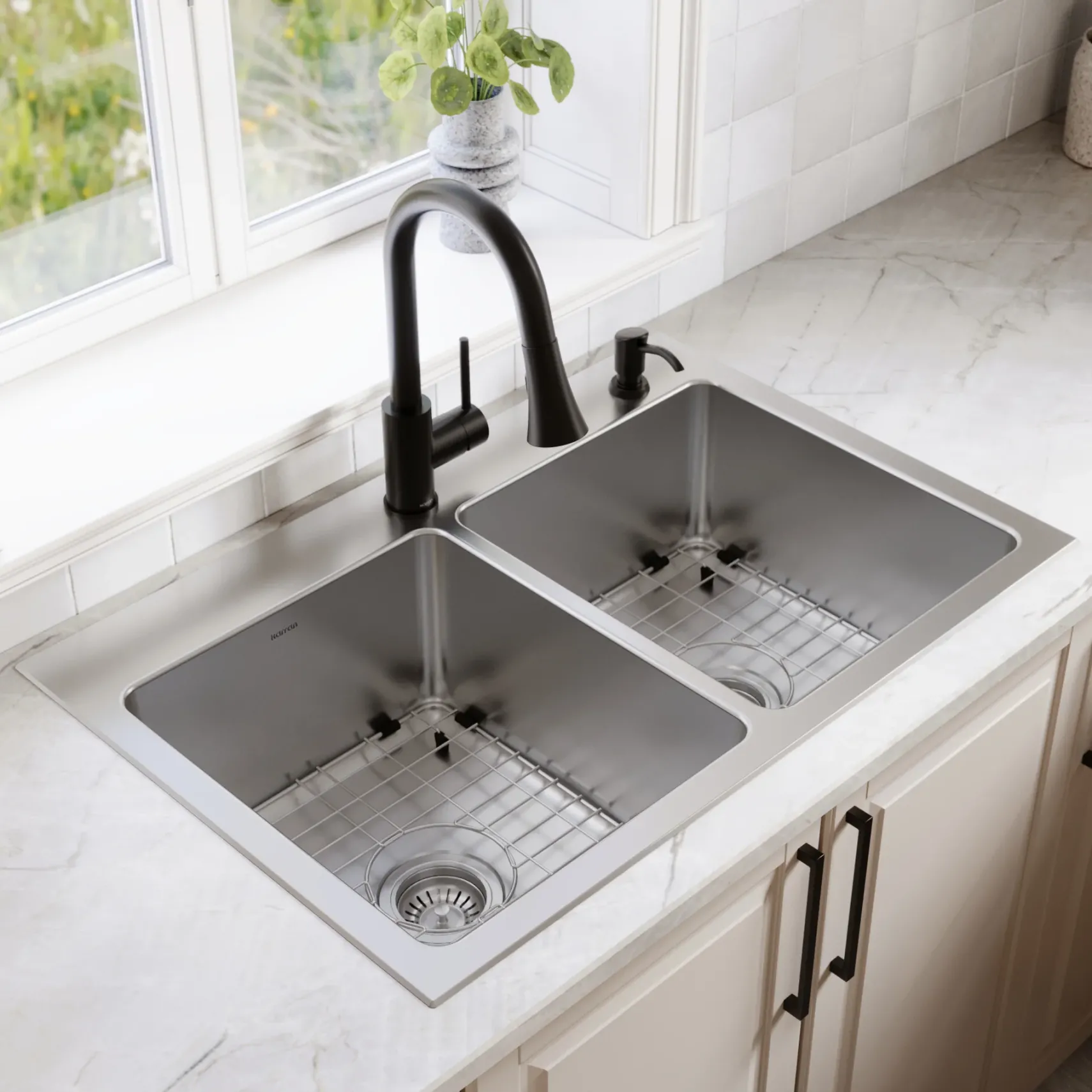 Karran Lansen 33" Drop In Stainless Steel Kitchen Sink, 50/50 Double Bowl, TMDB3311-PK1