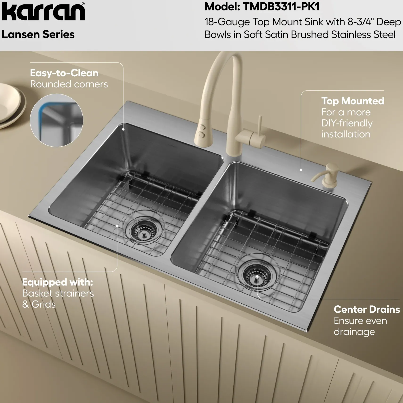 Karran Lansen 33" Drop In Stainless Steel Kitchen Sink, 50/50 Double Bowl, TMDB3311-PK1