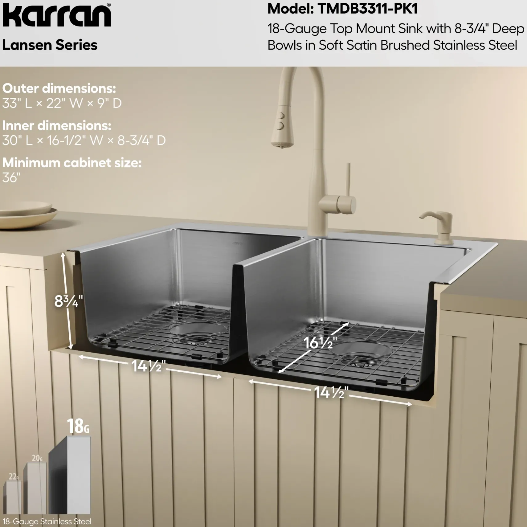 Karran Lansen 33" Drop In Stainless Steel Kitchen Sink, 50/50 Double Bowl, TMDB3311-PK1