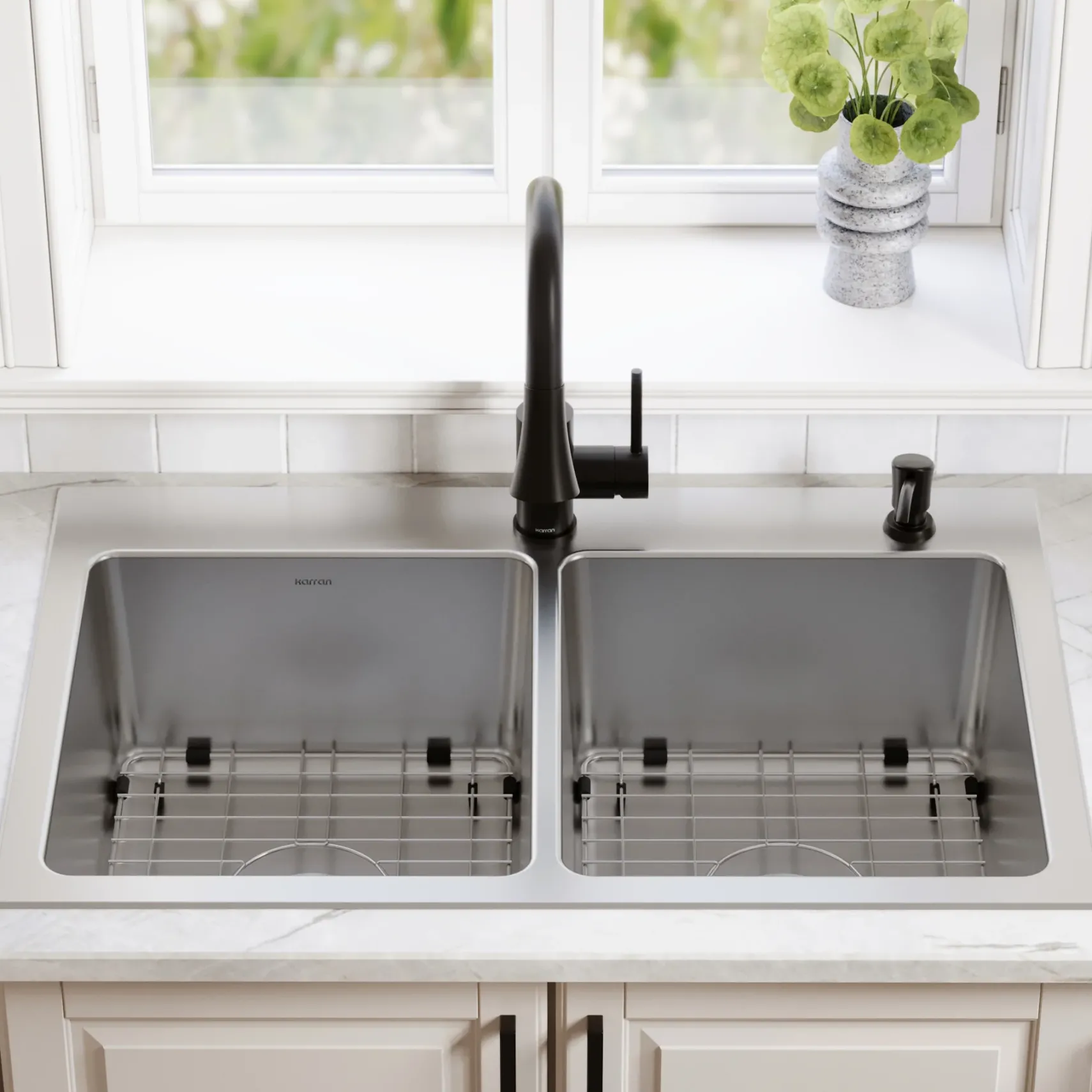 Karran Lansen 33" Drop In Stainless Steel Kitchen Sink, 50/50 Double Bowl, TMDB3311-PK1