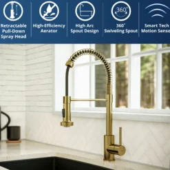 Karran Loxton 1.8 GPM Single Lever Handle Lead-free Brass ADA Touchless Kitchen Faucet, Pull-Down, Brushed Gold, KKF228BG