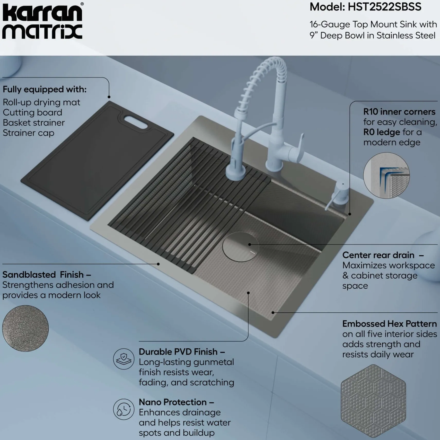Karran Matrix 25" Drop In/Topmount Stainless Steel Workstation Kitchen Sink with Accessories, 16 Gauge, HST2522SBSS