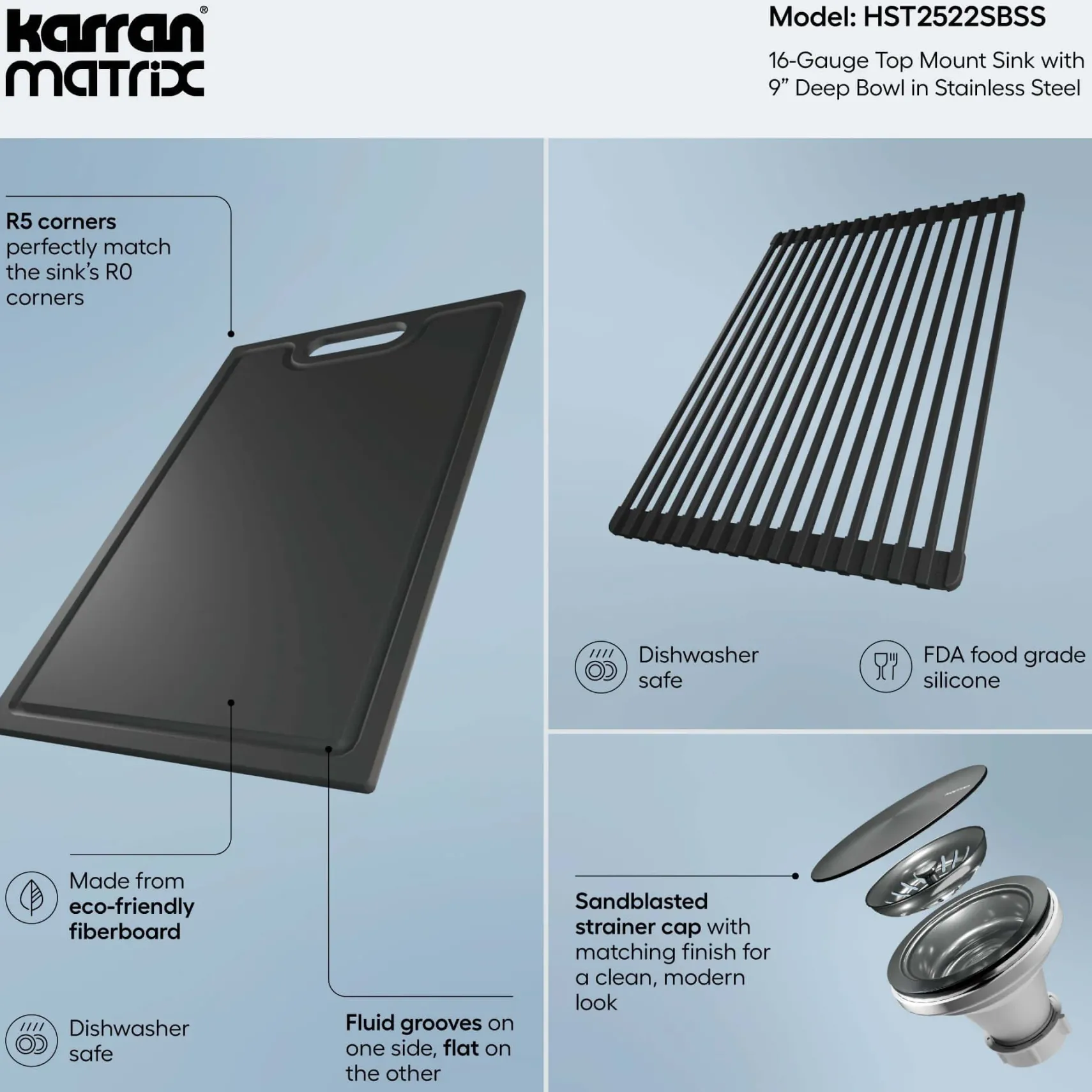 Karran Matrix 25" Drop In/Topmount Stainless Steel Workstation Kitchen Sink with Accessories, 16 Gauge, HST2522SBSS