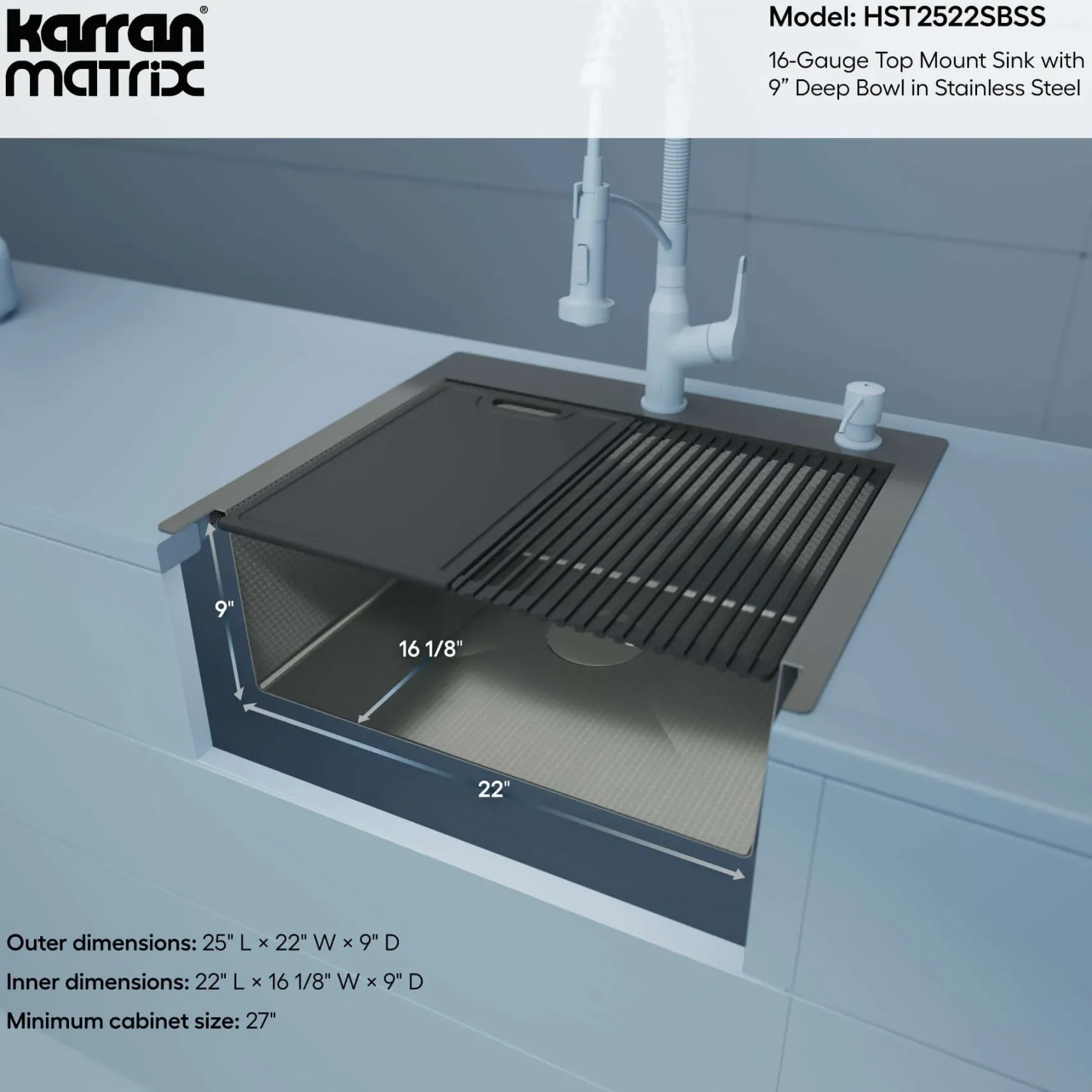 Karran Matrix 25" Drop In/Topmount Stainless Steel Workstation Kitchen Sink with Accessories, 16 Gauge, HST2522SBSS