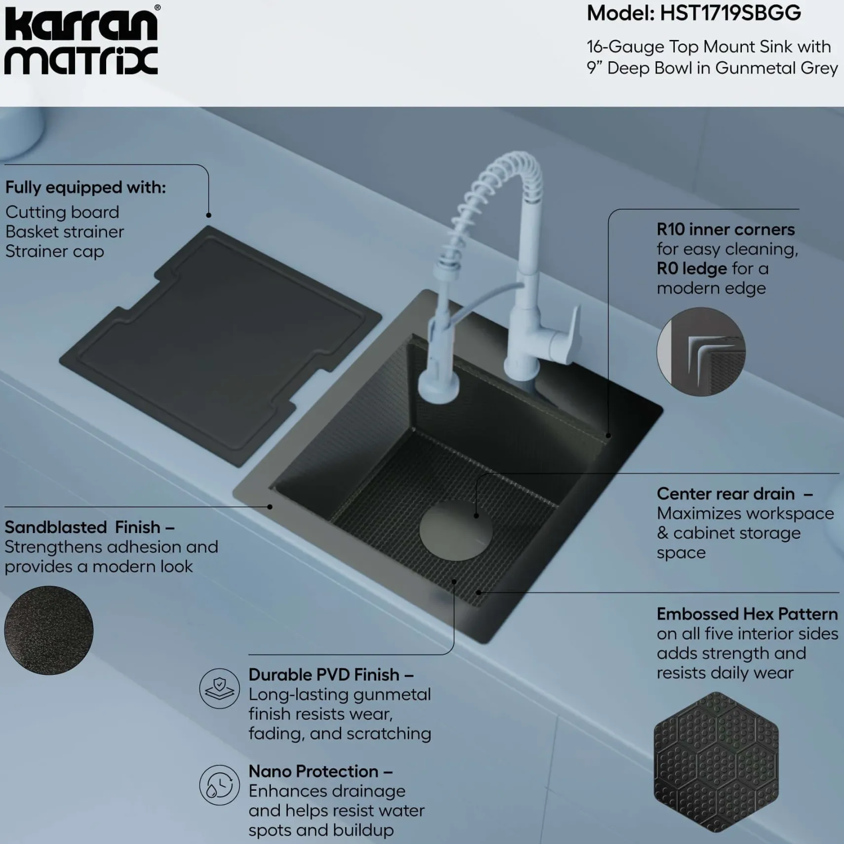Karran Matrix 17" Drop In/Topmount Stainless Steel Workstation Kitchen Sink with Accessories, Gunmetal Grey, 16 Gauge, HST1719SBGG