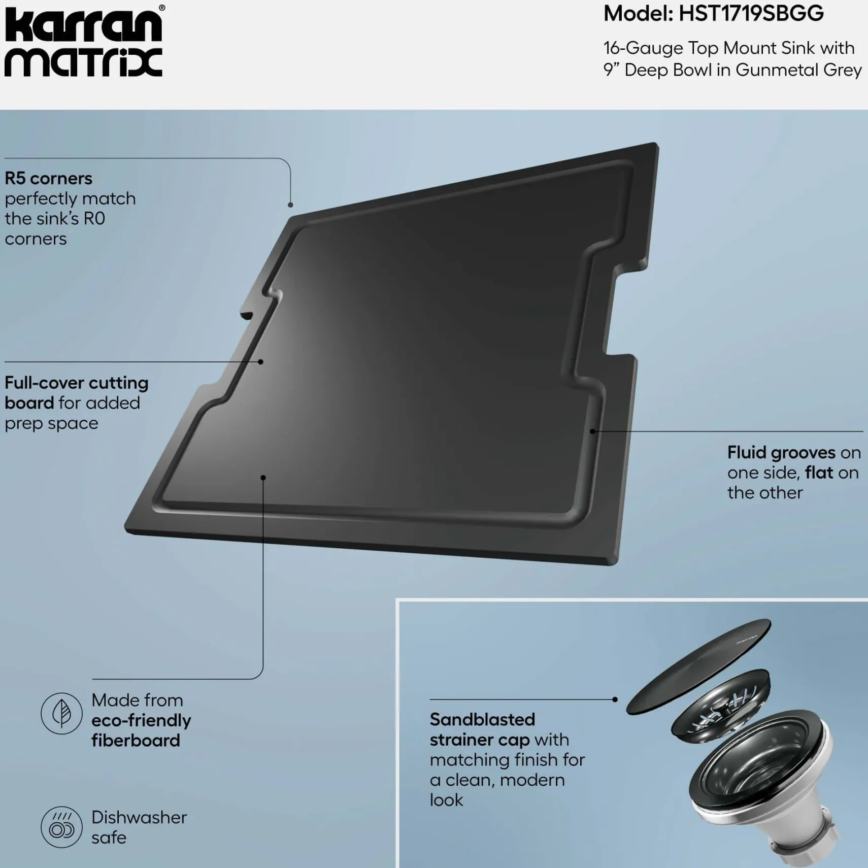 Karran Matrix 17" Drop In/Topmount Stainless Steel Workstation Kitchen Sink with Accessories, Gunmetal Grey, 16 Gauge, HST1719SBGG