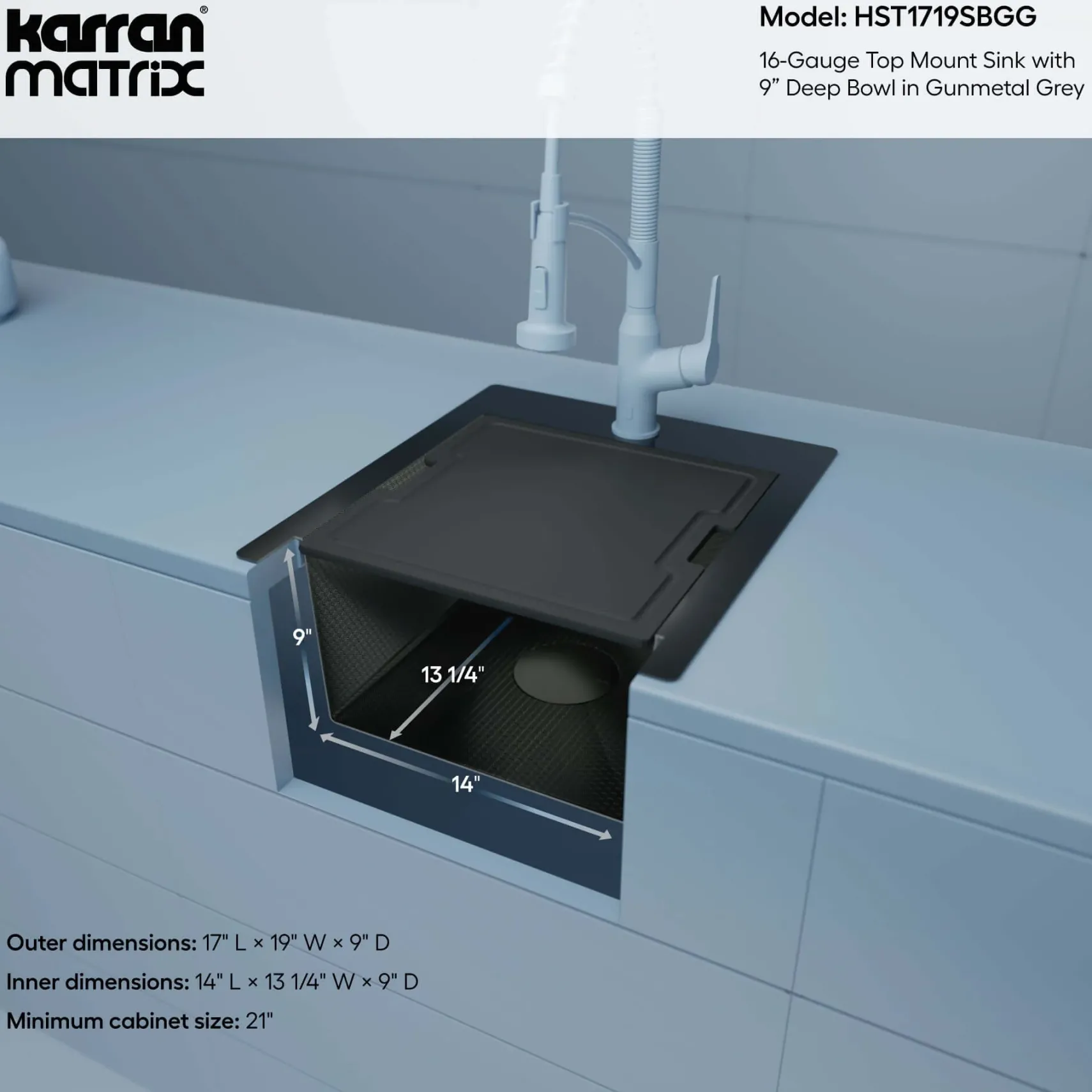 Karran Matrix 17" Drop In/Topmount Stainless Steel Workstation Kitchen Sink with Accessories, Gunmetal Grey, 16 Gauge, HST1719SBGG