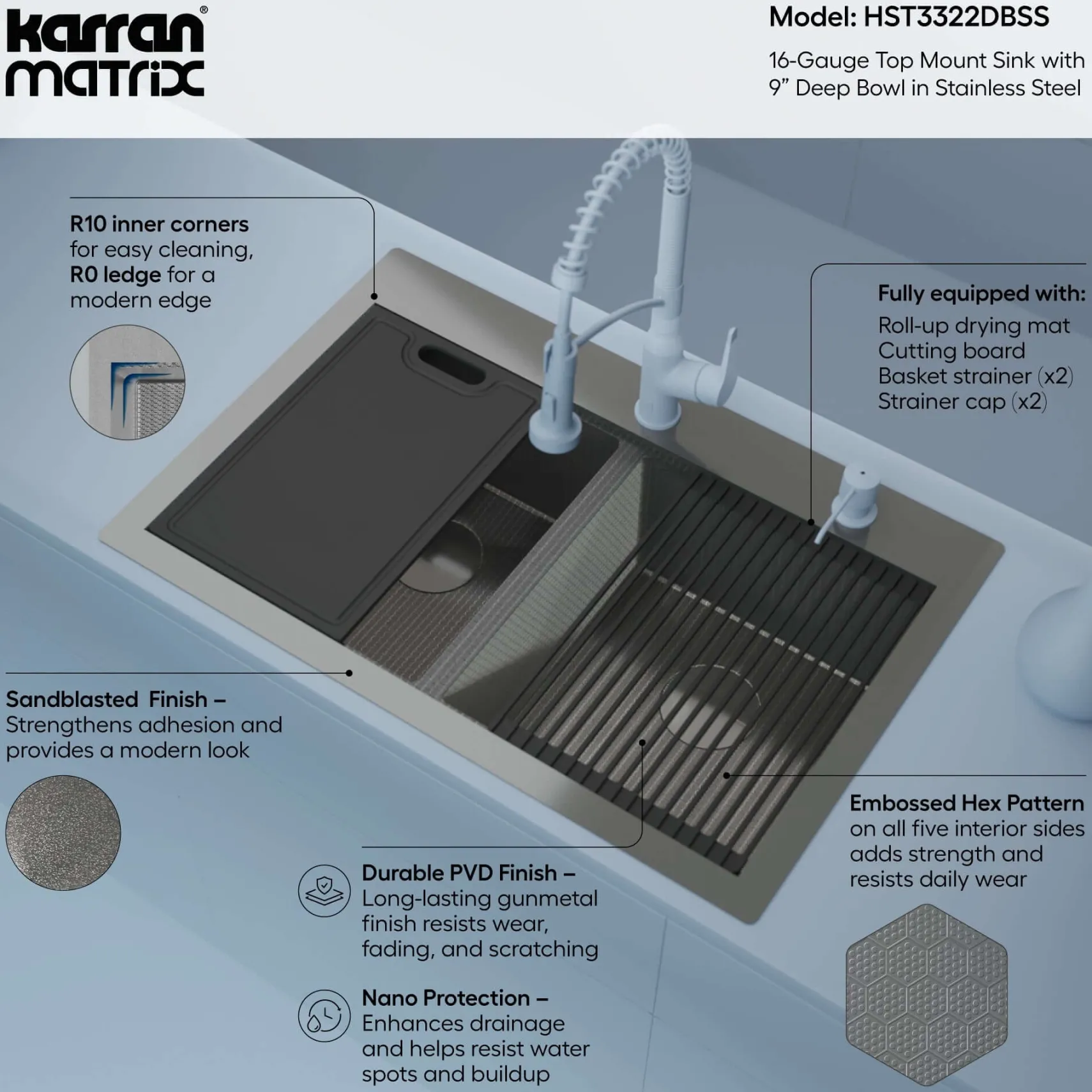 Karran Matrix 33" Drop In/Topmount Stainless Steel Workstation Kitchen Sink with Accessories, 50/50 Double Bowl, 16 Gauge, HST3322DBSS