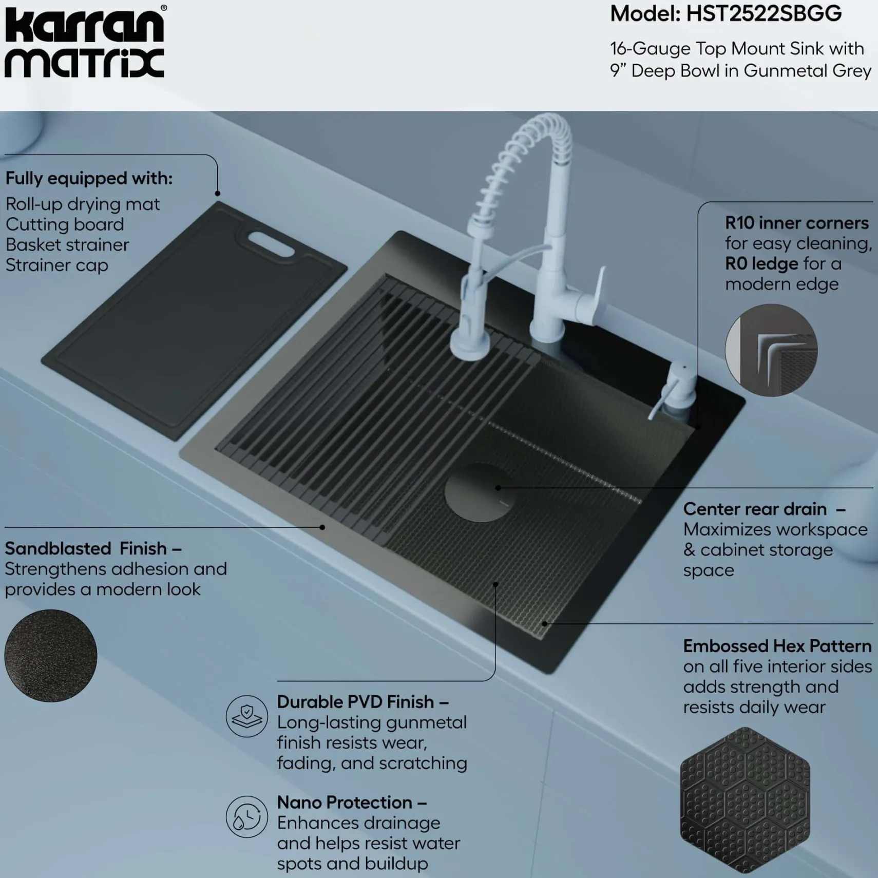 Karran Matrix 25" Drop In/Topmount Stainless Steel Workstation Kitchen Sink with Accessories, Gunmetal Grey, 16 Gauge, HST2522SBGG