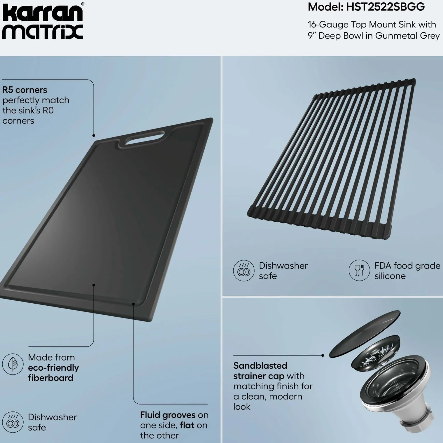 Karran Matrix 25" Drop In/Topmount Stainless Steel Workstation Kitchen Sink with Accessories, Gunmetal Grey, 16 Gauge, HST2522SBGG