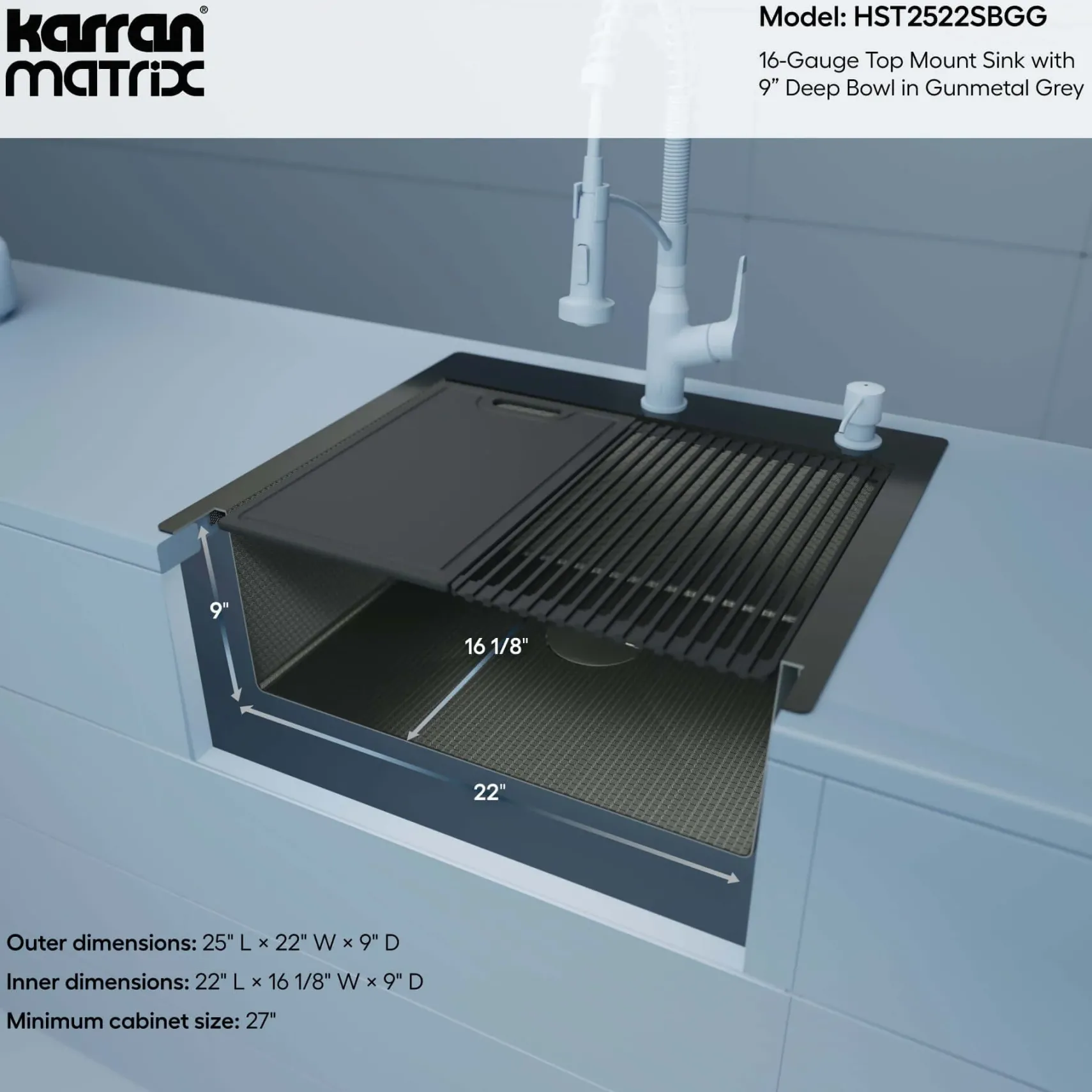 Karran Matrix 25" Drop In/Topmount Stainless Steel Workstation Kitchen Sink with Accessories, Gunmetal Grey, 16 Gauge, HST2522SBGG