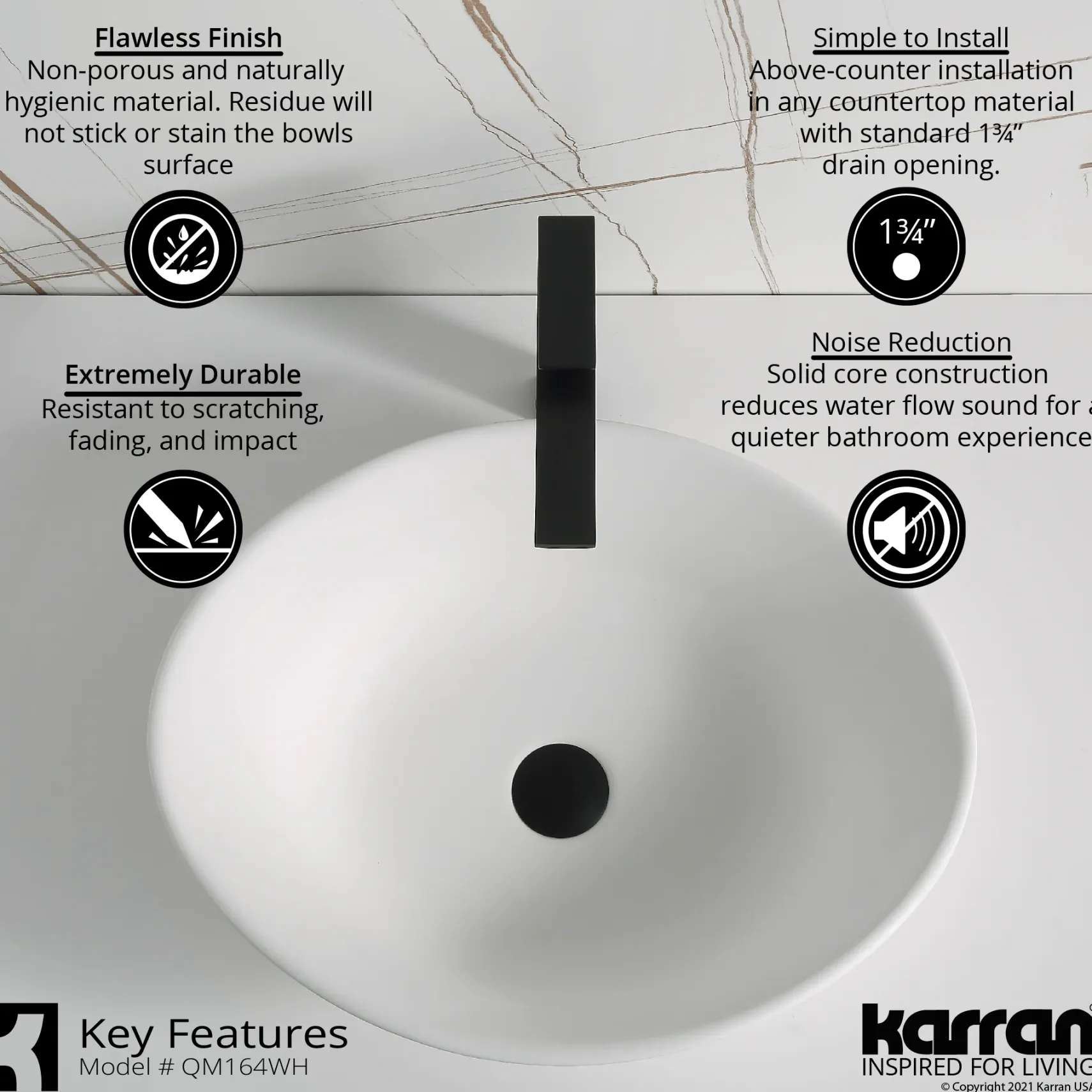 Karran Quattro 20.625" x 17" Oval Vessel Acrylic Solid Surface ADA Bathroom Sink, White, QM164WH