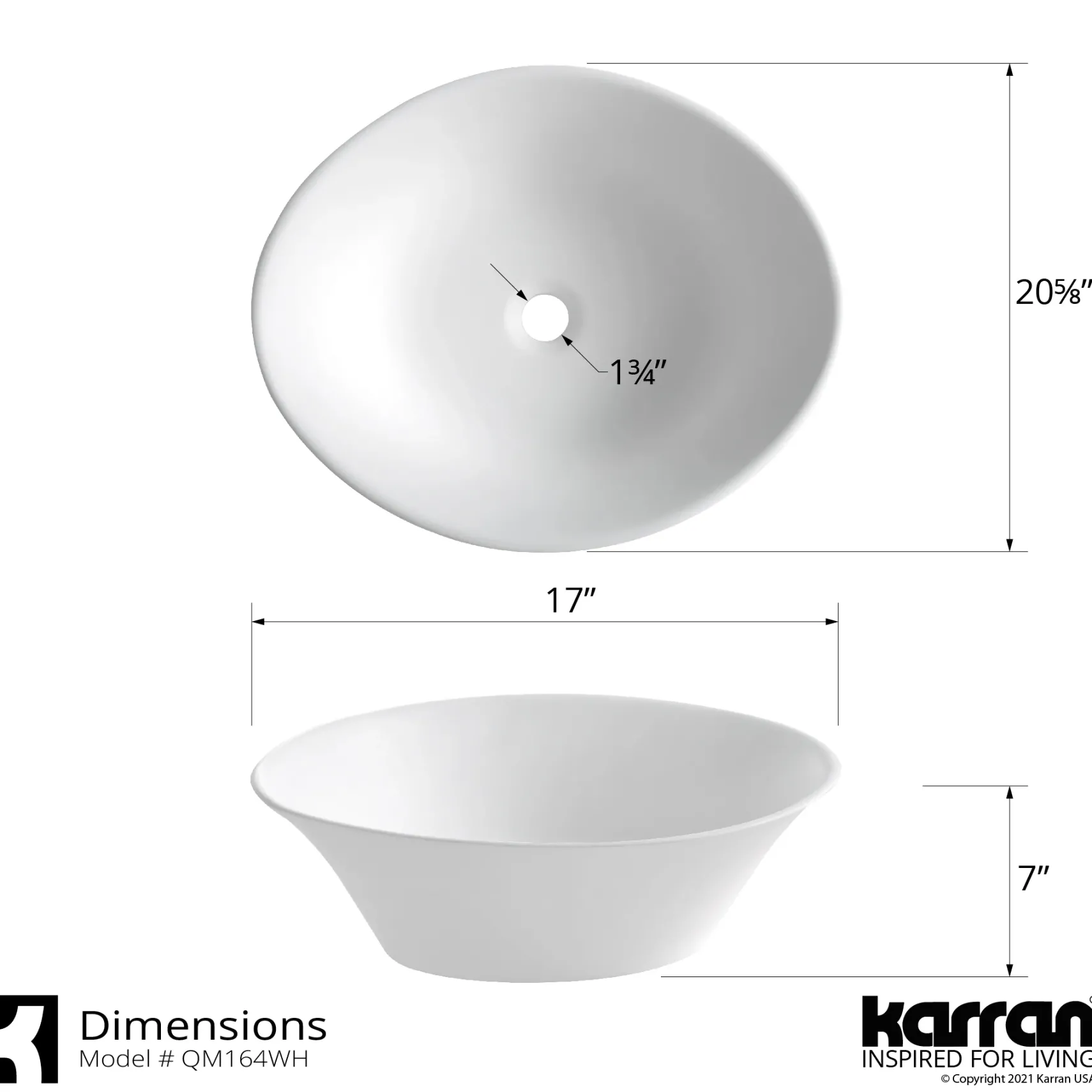 Karran Quattro 20.625" x 17" Oval Vessel Acrylic Solid Surface ADA Bathroom Sink, White, QM164WH