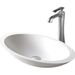 Karran Quattro 23" x 13.25" Oval Vessel Acrylic Solid Surface ADA Bathroom Sink with Stainless Steel Faucet and Accessories, White, QM160WH412SS