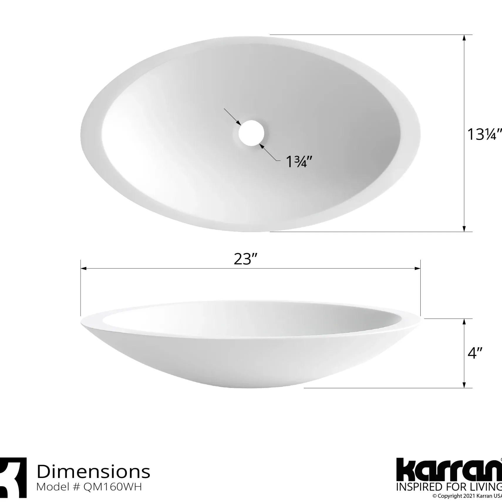 Karran Quattro 23" x 13.25" Oval Vessel Acrylic Solid Surface ADA Bathroom Sink, White, QM160WH