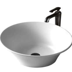 Karran Quattro 20.625" x 17" Oval Vessel Acrylic Solid Surface ADA Bathroom Sink with Matte Black Faucet and Accessories, White, QM164WH412MB