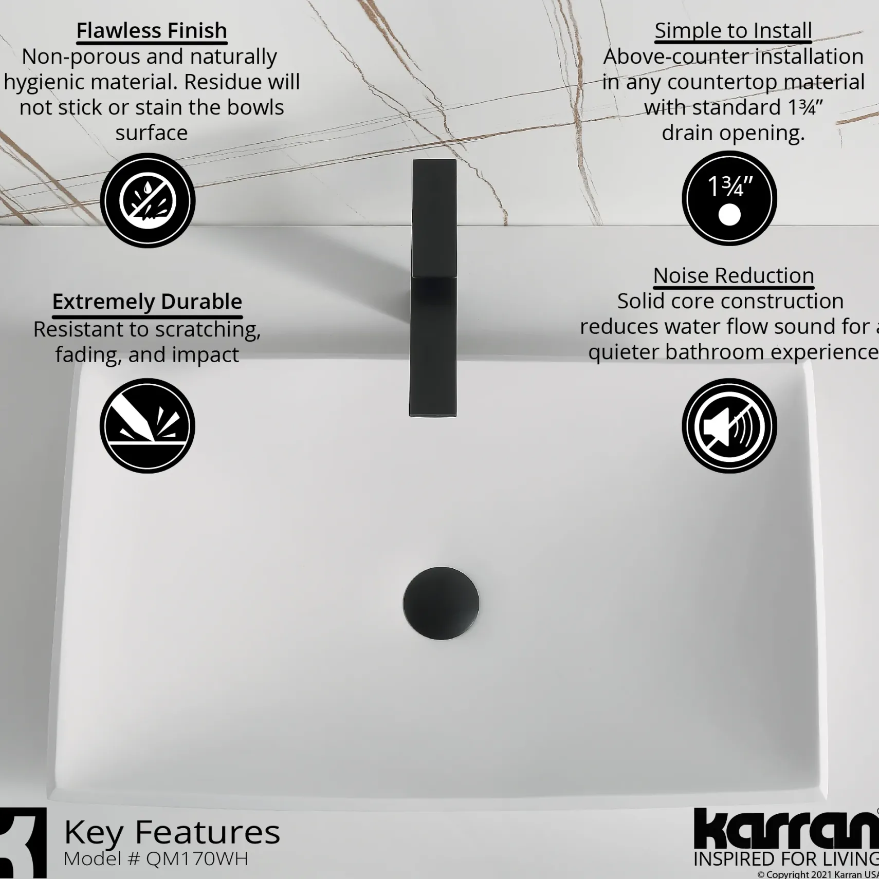 Karran Quattro 25.25" x 15.5" Rectangular Vessel Acrylic Solid Surface ADA Bathroom Sink with Matte Black Faucet and Accessories, White, QM170WH422MB