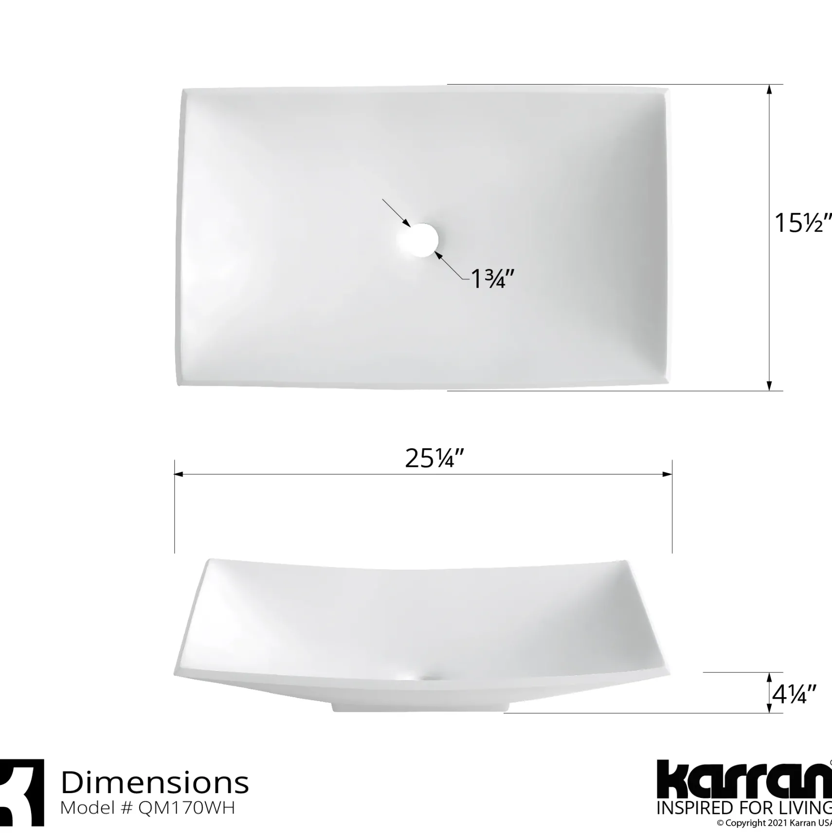 Karran Quattro 25.25" x 15.5" Rectangular Vessel Acrylic Solid Surface ADA Bathroom Sink, White, QM170WH