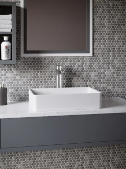 Karran Quattro 21.25" x 13.75" Rectangular Vessel Acrylic Solid Surface ADA Bathroom Sink with Stainless Steel Faucet and Accessories, White, QM176WH422SS