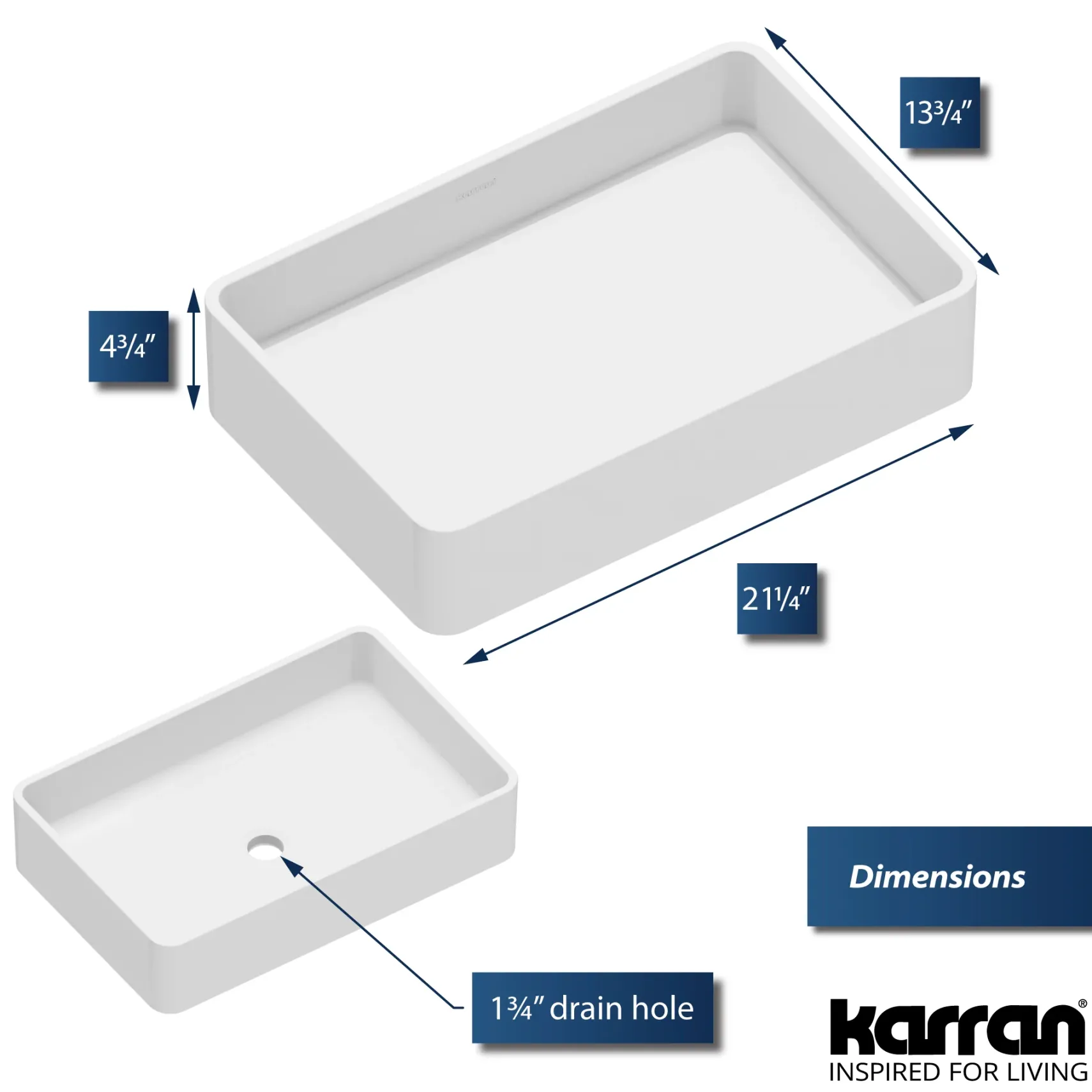 Karran Quattro 13.75" x 21.25" Rectangular Vessel Acrylic Solid Surface ADA Bathroom Sink, White, QM177WH