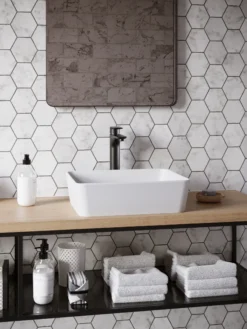 Karran Quattro 18" x 14.5" Rectangular Vessel Acrylic Solid Surface ADA Bathroom Sink with Matte Black Faucet and Accessories, White, QM172WH422MB