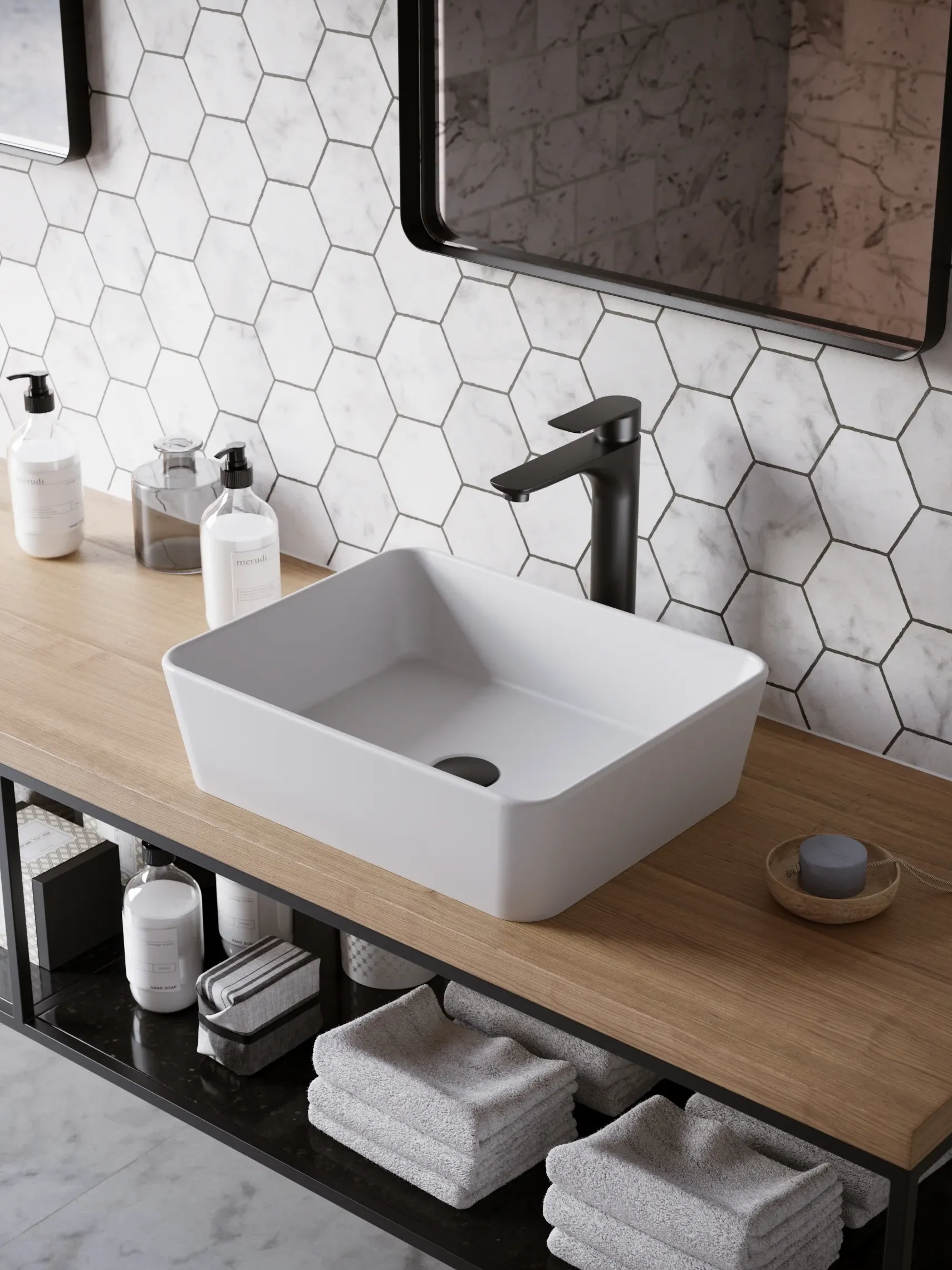 Karran Quattro 18" x 14.5" Rectangular Vessel Acrylic Solid Surface ADA Bathroom Sink with Matte Black Faucet and Accessories, White, QM172WH422MB