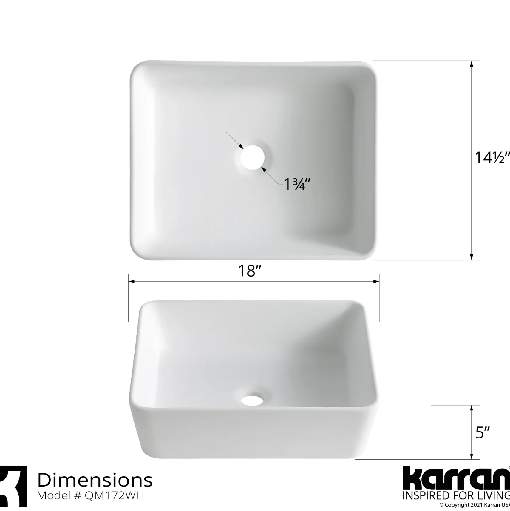 Karran Quattro 18" x 14.5" Rectangular Vessel Acrylic Solid Surface ADA Bathroom Sink with Matte Black Faucet and Accessories, White, QM172WH422MB