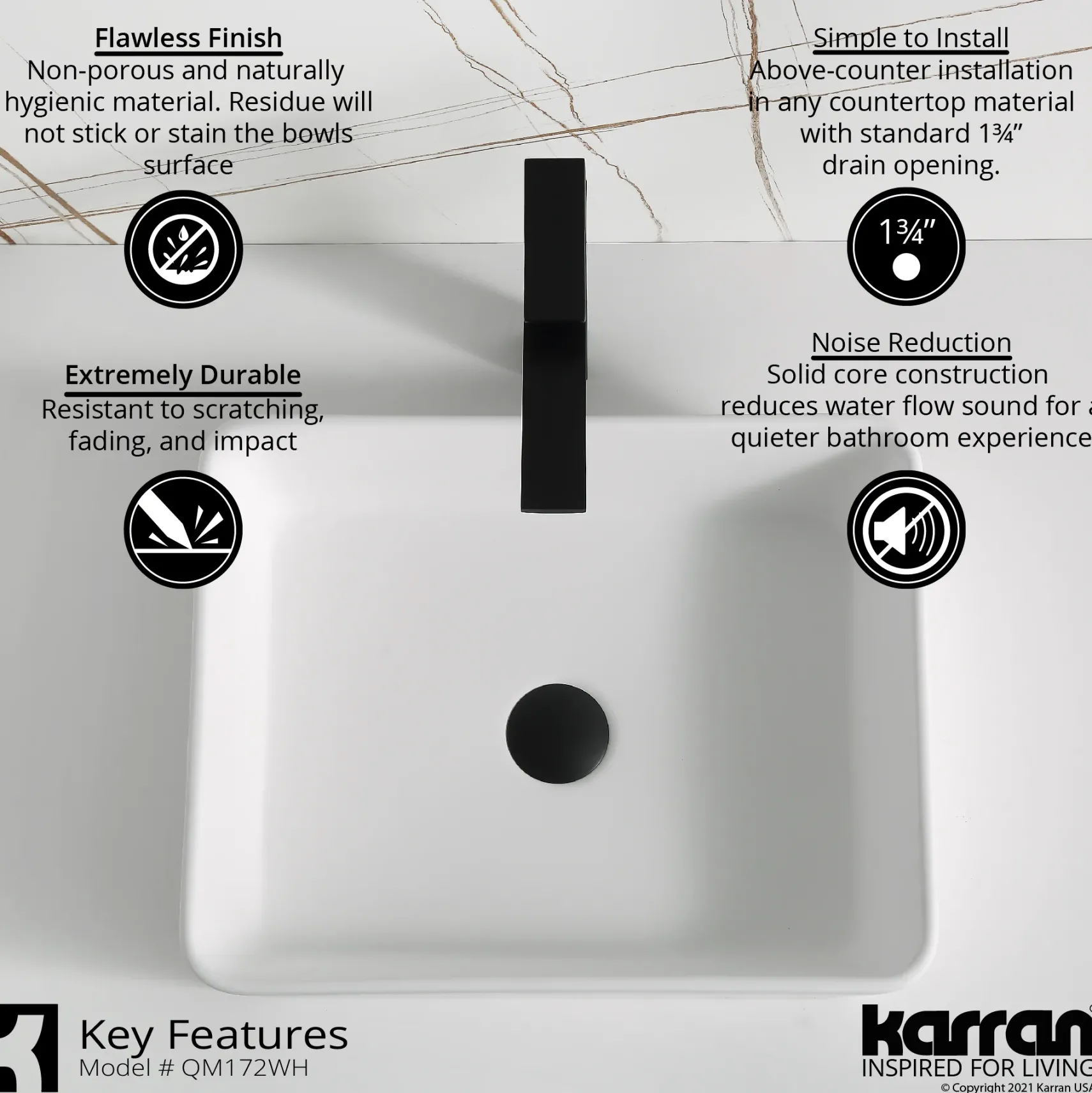 Karran Quattro 18" x 14.5" Rectangular Vessel Acrylic Solid Surface ADA Bathroom Sink, White, QM172WH