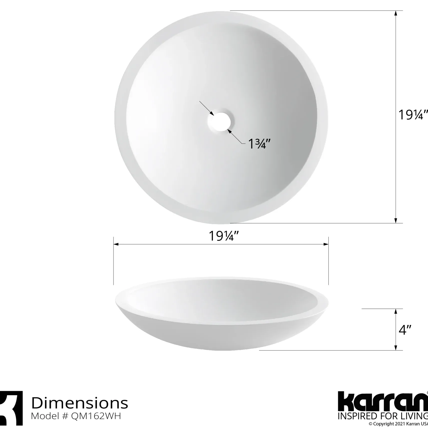 Karran Quattro 19.25" x 19.25" Round Vessel Acrylic Solid Surface ADA Bathroom Sink, White, QM162WH