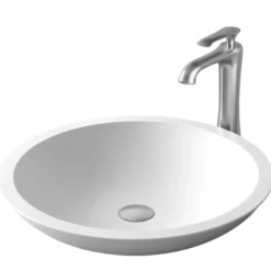 Karran Quattro 19.25" x 19.25" Round Vessel Acrylic Solid Surface ADA Bathroom Sink with Stainless Steel Faucet and Accessories, White, QM162WH412SS