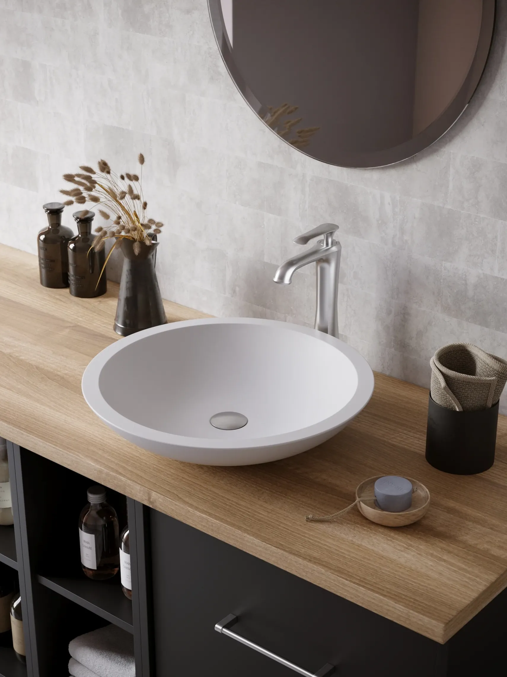 Karran Quattro 19.25" x 19.25" Round Vessel Acrylic Solid Surface ADA Bathroom Sink with Stainless Steel Faucet and Accessories, White, QM162WH412SS