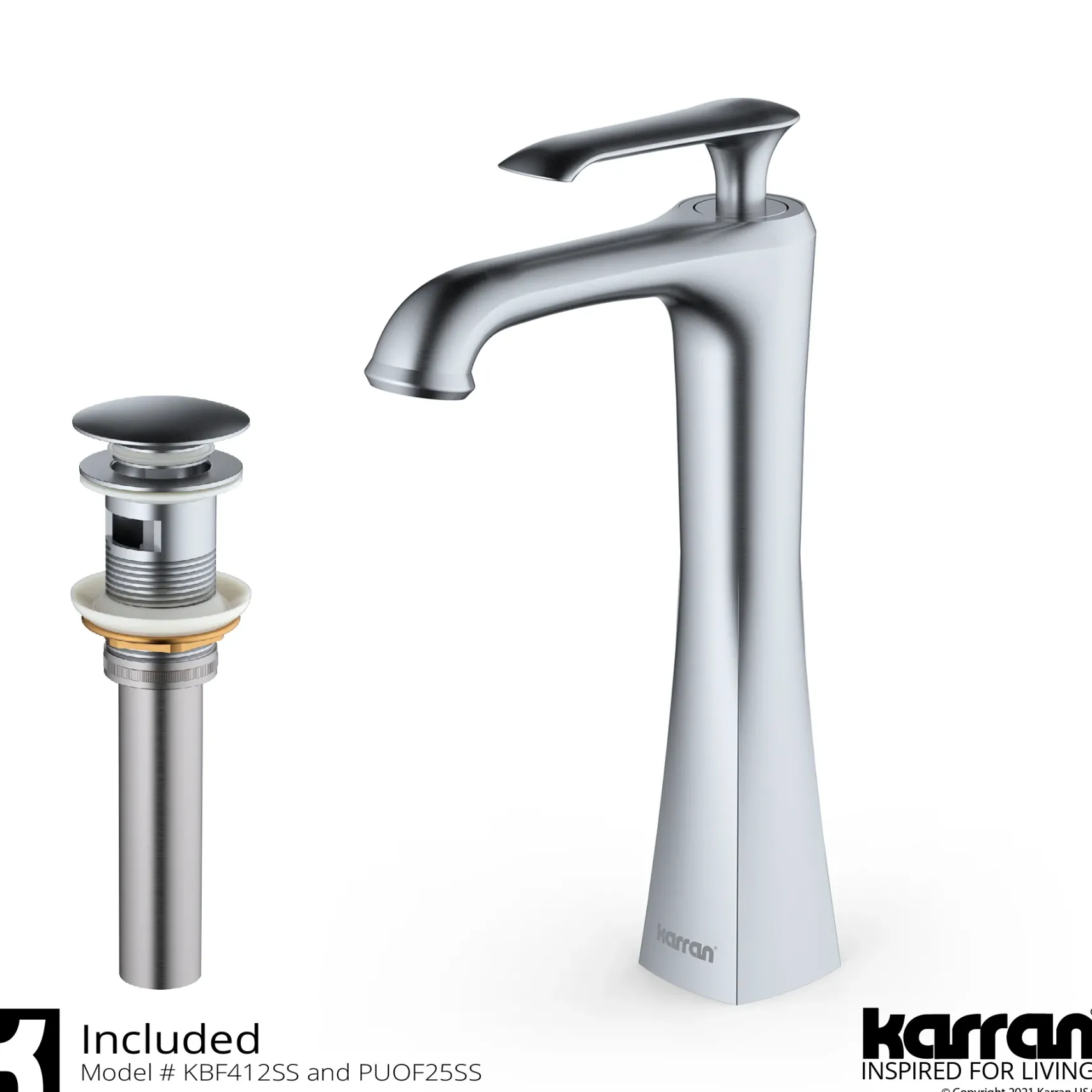 Karran Quattro 19.25" x 19.25" Round Vessel Acrylic Solid Surface ADA Bathroom Sink with Stainless Steel Faucet and Accessories, White, QM162WH412SS