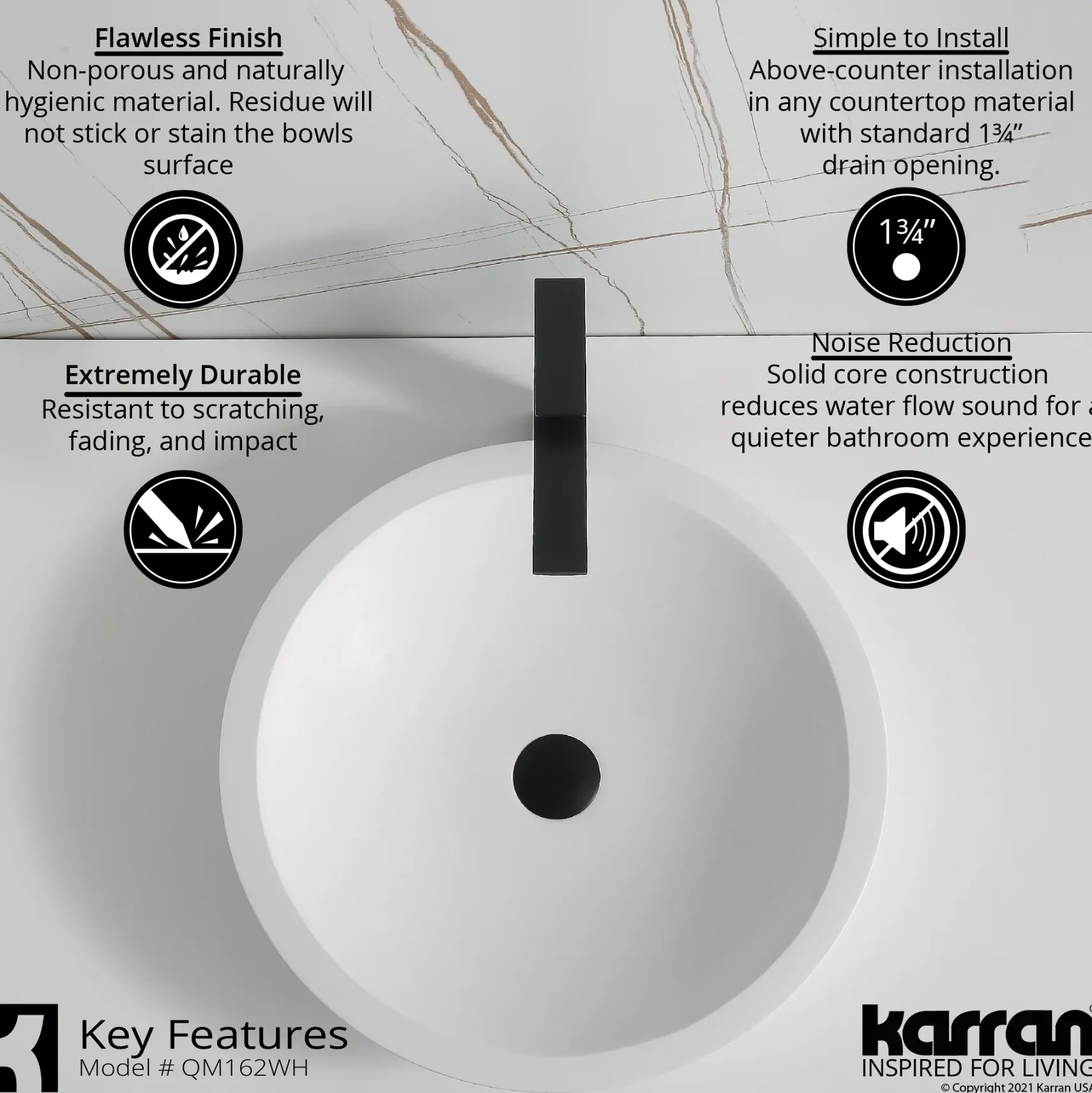 Karran Quattro 19.25" x 19.25" Round Vessel Acrylic Solid Surface ADA Bathroom Sink with Stainless Steel Faucet and Accessories, White, QM162WH412SS