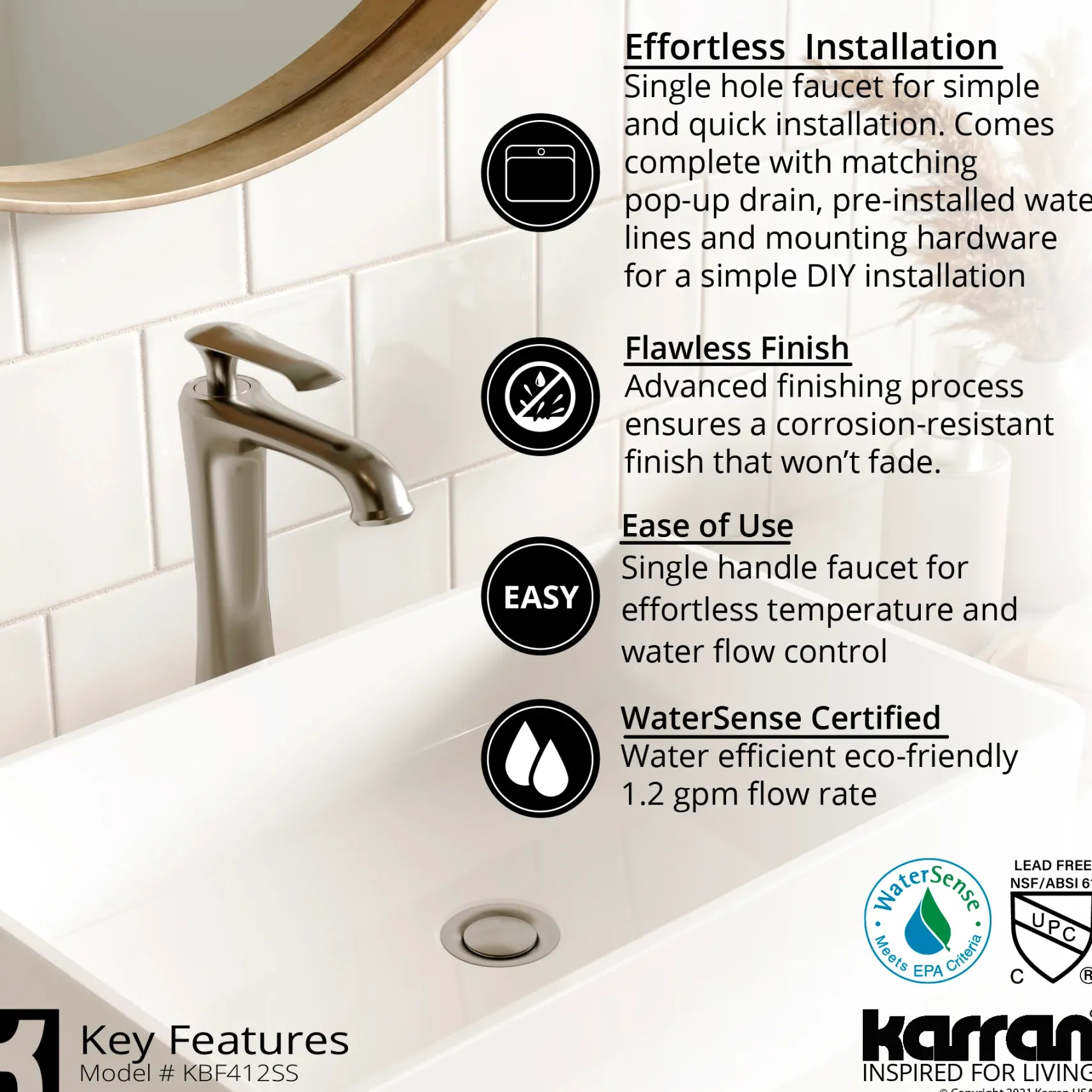 Karran Quattro 19.25" x 19.25" Round Vessel Acrylic Solid Surface ADA Bathroom Sink with Stainless Steel Faucet and Accessories, White, QM162WH412SS