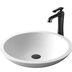 Karran Quattro 19.25" x 19.25" Round Vessel Acrylic Solid Surface ADA Bathroom Sink with Matte Black Faucet and Accessories, White, QM162WH412MB