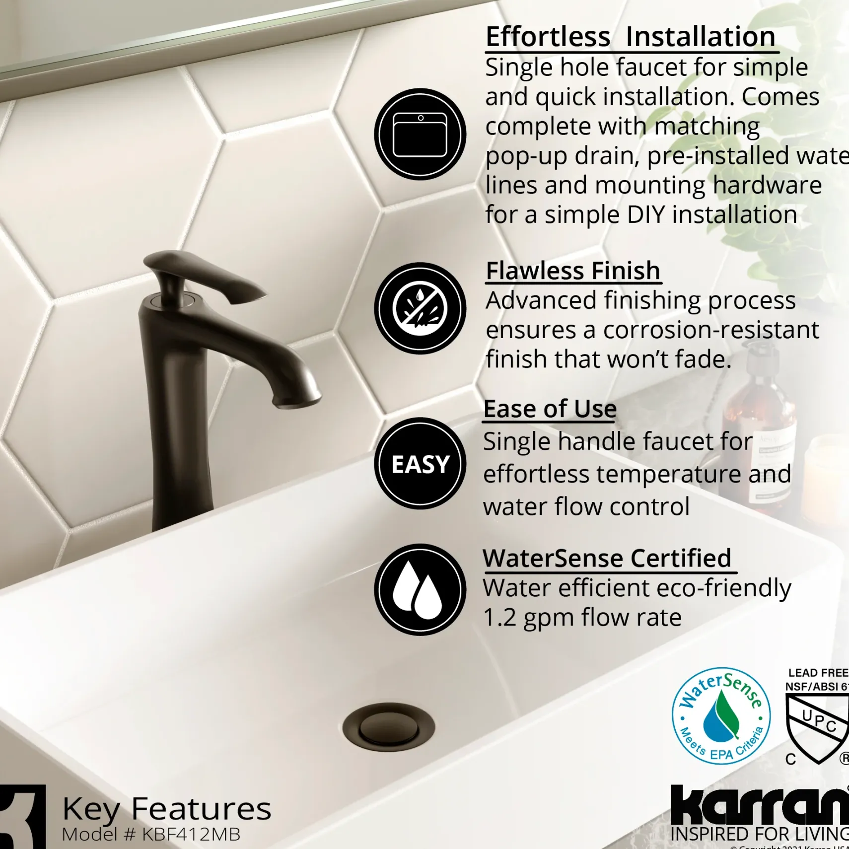 Karran Quattro 19.25" x 19.25" Round Vessel Acrylic Solid Surface ADA Bathroom Sink with Matte Black Faucet and Accessories, White, QM162WH412MB