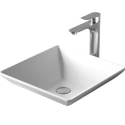 Karran Quattro 16" x 16" Square Vessel Acrylic Solid Surface ADA Bathroom Sink with Stainless Steel Faucet and Accessories, White, QM178WH422SS
