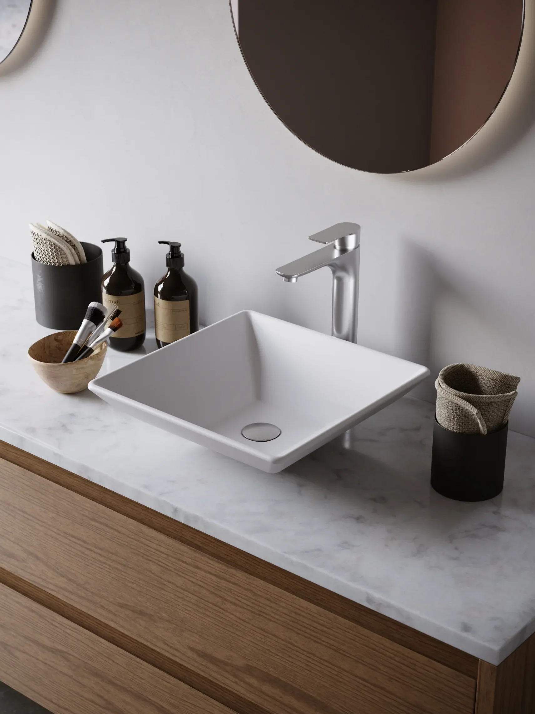 Karran Quattro 16" x 16" Square Vessel Acrylic Solid Surface ADA Bathroom Sink with Stainless Steel Faucet and Accessories, White, QM178WH422SS