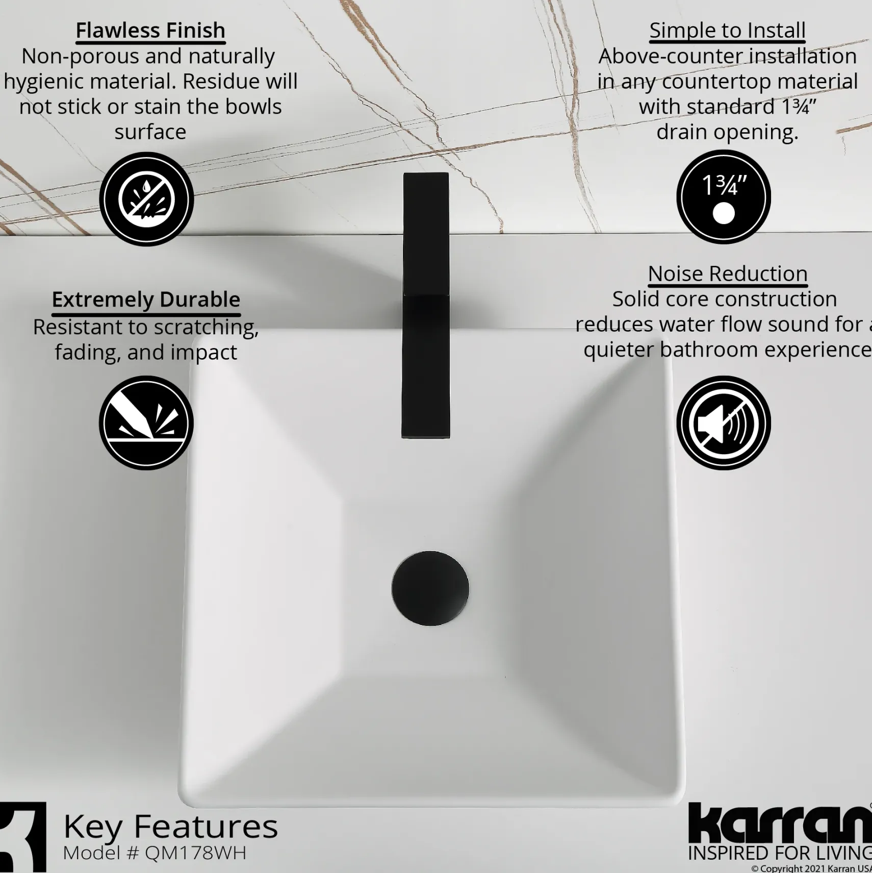 Karran Quattro 16" x 16" Square Vessel Acrylic Solid Surface ADA Bathroom Sink with Stainless Steel Faucet and Accessories, White, QM178WH422SS
