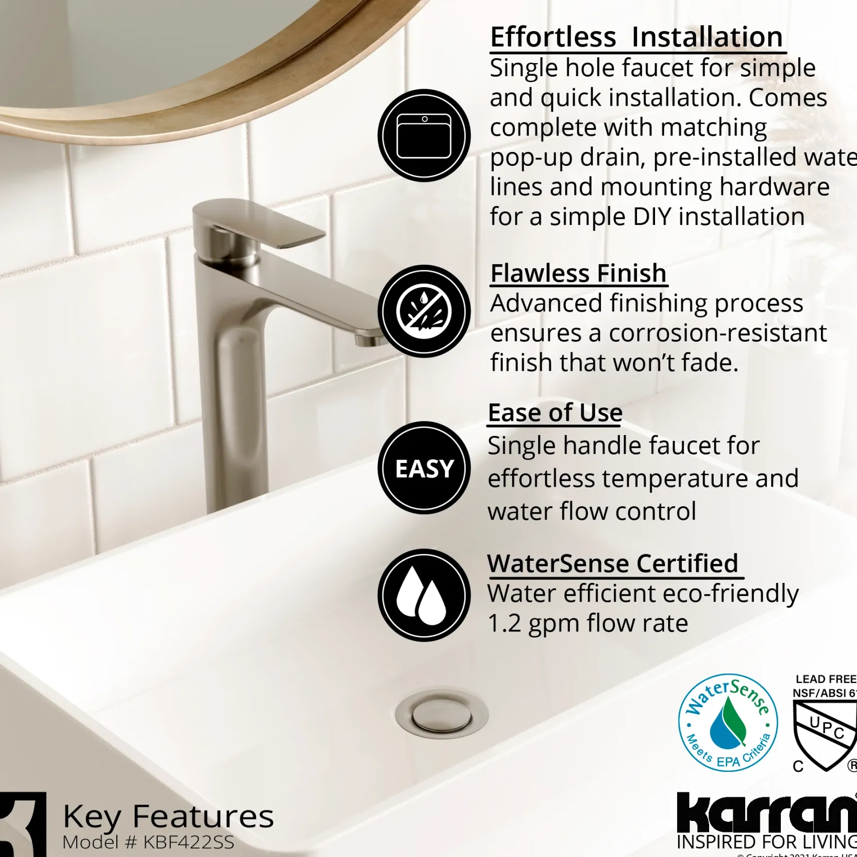 Karran Quattro 16" x 16" Square Vessel Acrylic Solid Surface ADA Bathroom Sink with Stainless Steel Faucet and Accessories, White, QM178WH422SS