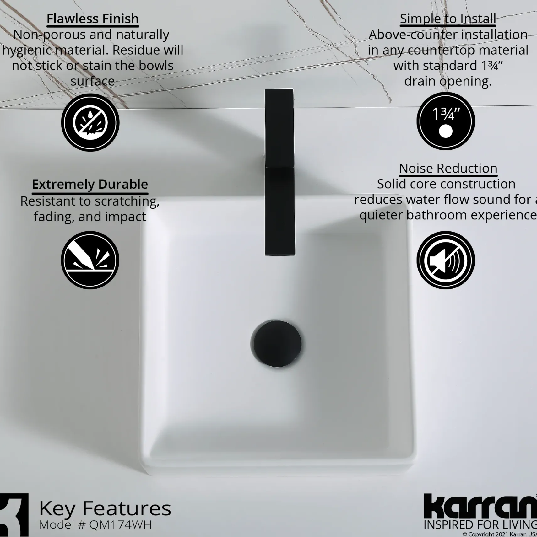 Karran Quattro 14.5" x 14.5" Square Vessel Acrylic Solid Surface ADA Bathroom Sink, White, QM174WH