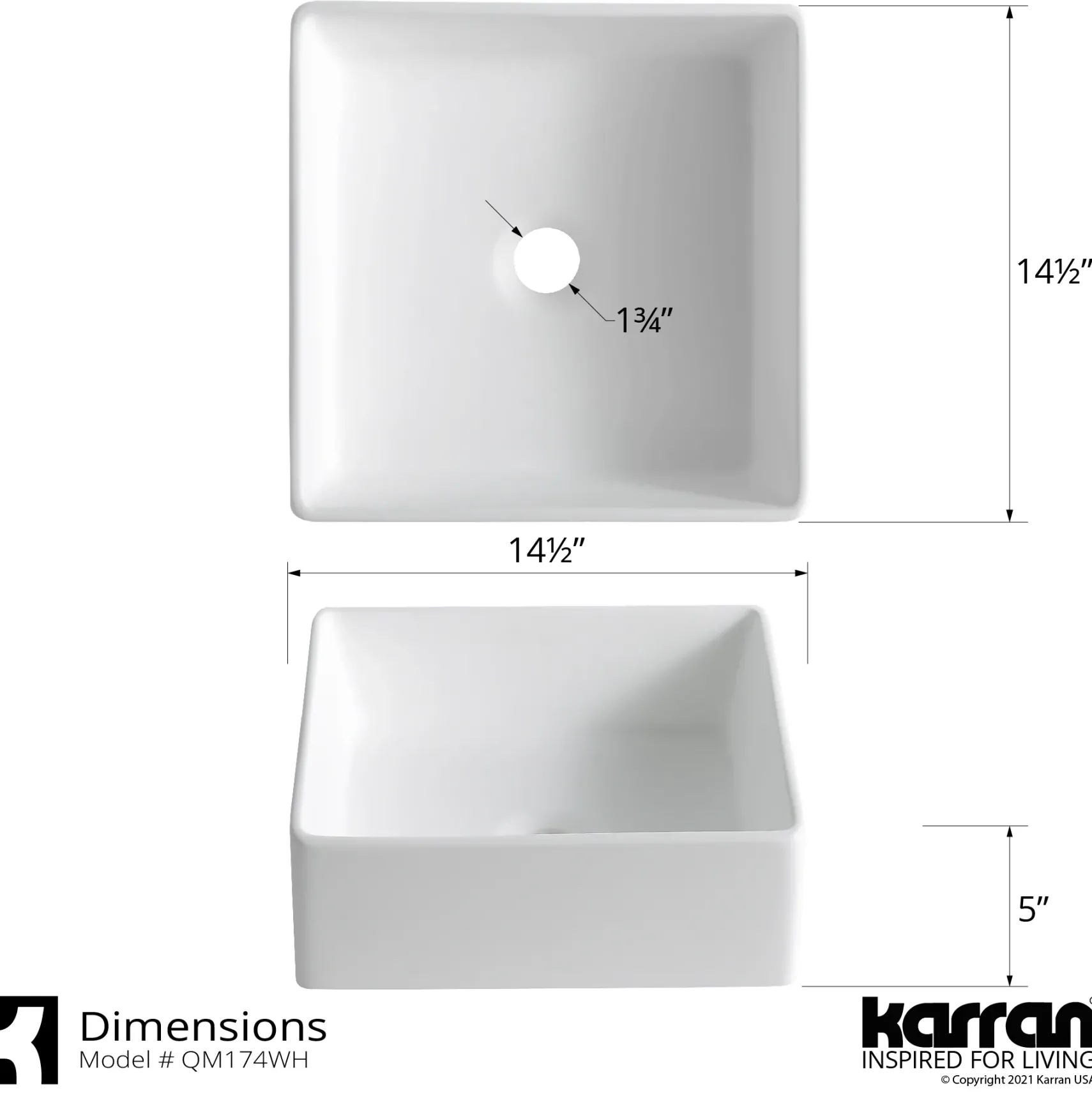 Karran Quattro 14.5" x 14.5" Square Vessel Acrylic Solid Surface ADA Bathroom Sink, White, QM174WH