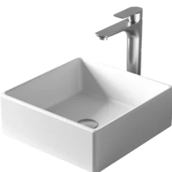 Karran Quattro 14.5" x 14.5" Square Vessel Acrylic Solid Surface ADA Bathroom Sink with Stainless Steel Faucet and Accessories, White, QM174WH422SS