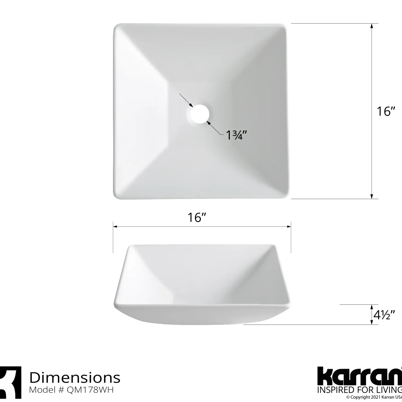 Karran Quattro 16" x 16" Square Vessel Acrylic Solid Surface ADA Bathroom Sink, White, QM178WH