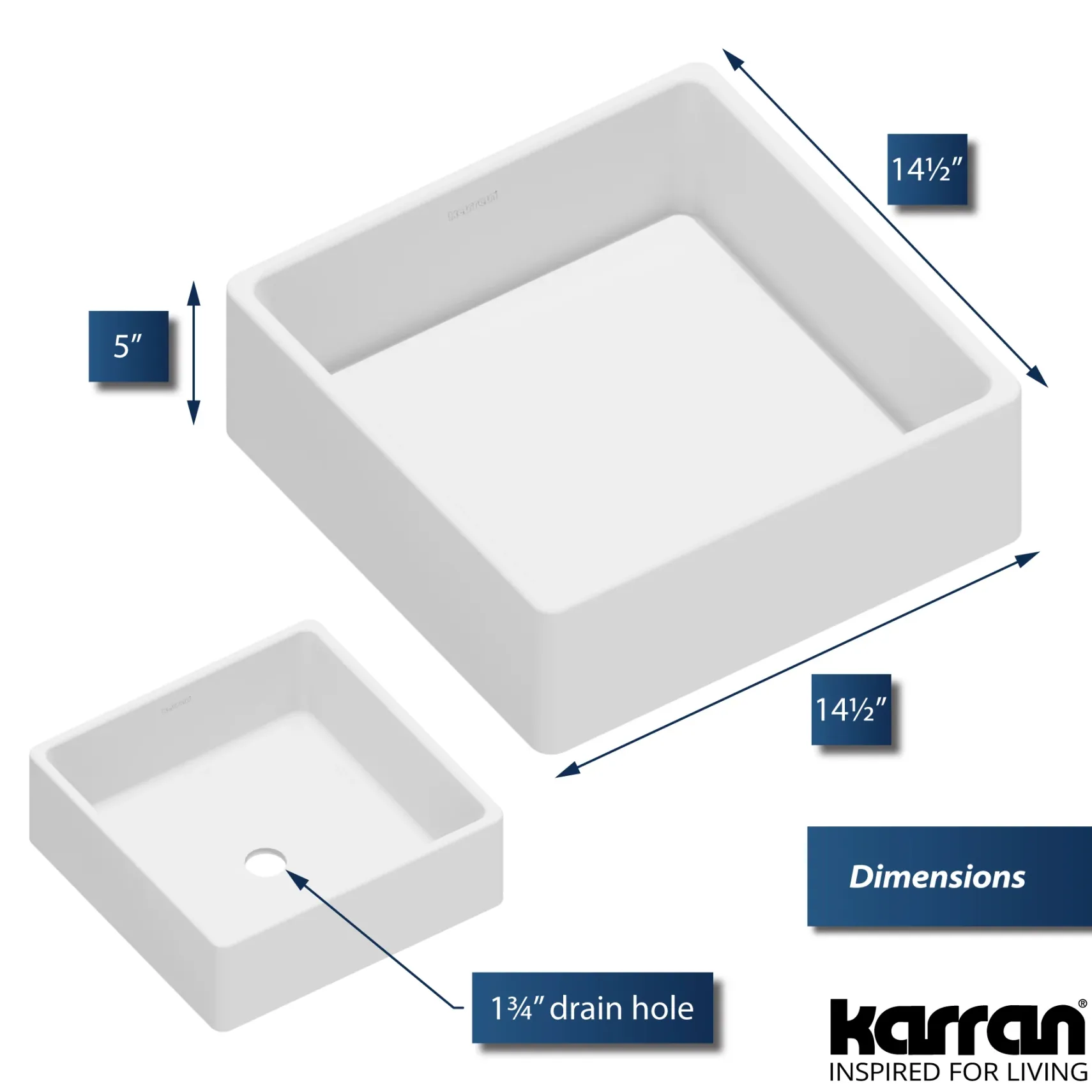Karran Quattro 14.5" x 14.5" Square Vessel Acrylic Solid Surface ADA Bathroom Sink, White, QM175WH